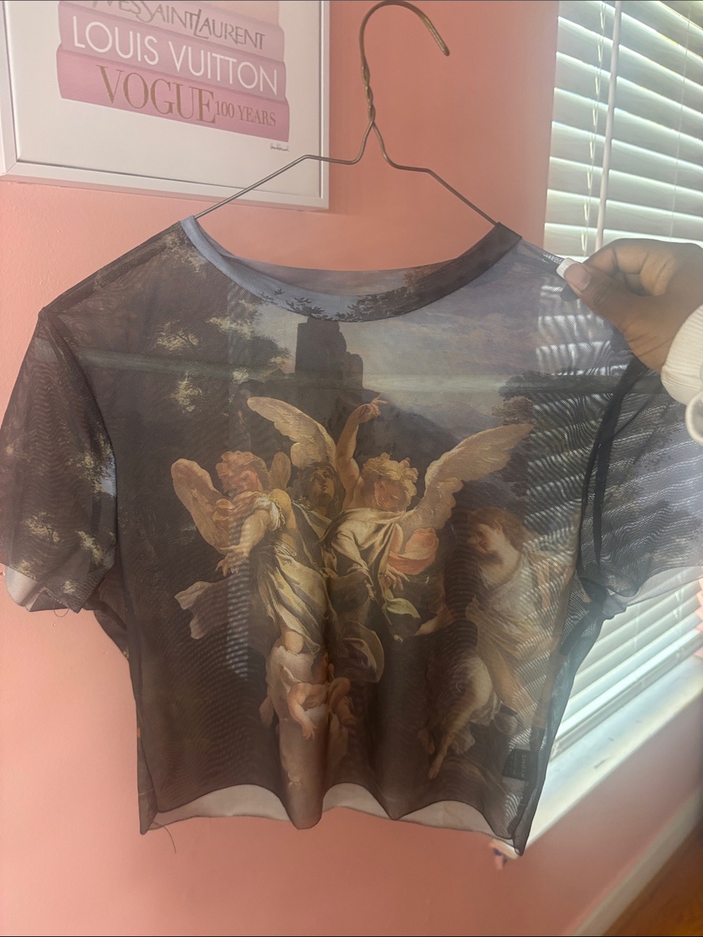 SHEIN Black Sheer Angel Print Short Sleeve Mesh Top
